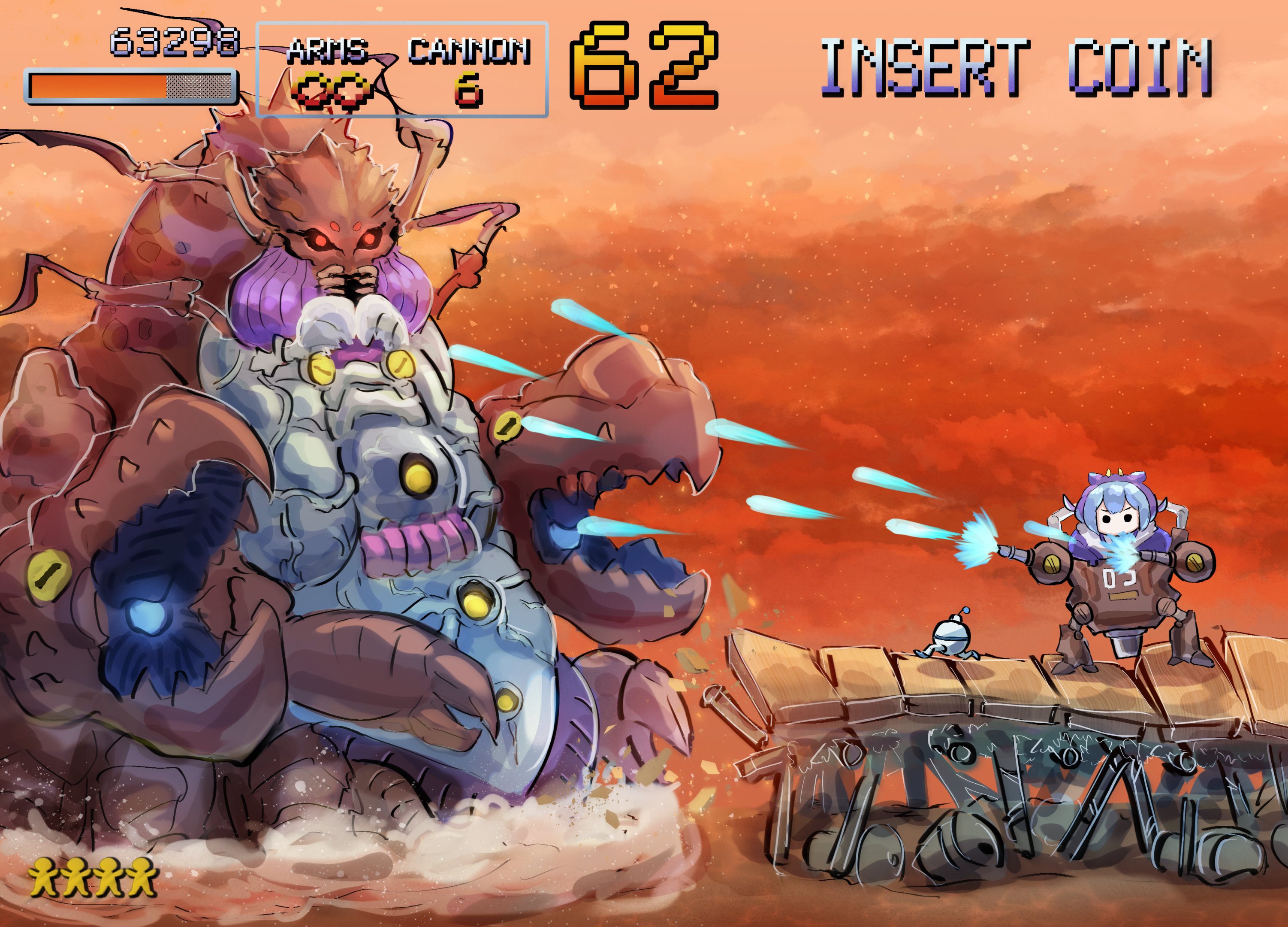 hatano kiyoshi, laundry dragonmaid, metal slug, yu-gi-oh!, commentary, english commentary, highres, apron, blue hair, blue kimono, cosmic slicer zer'oll, dragon girl, dragon horns, dragon tail, duel monster, fake screenshot, horns, japanese clothes, kimono, maid, maid apron, parody, slugnoid, tail, wa maid