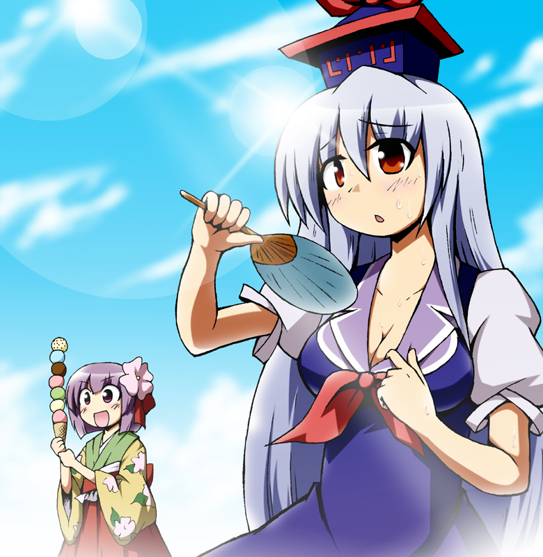 kousei (public planet), publicplanet, hieda no akyuu, kamishirasawa keine, touhou, 2girls, breasts, cleavage, female focus, food, hand fan, hot, ice cream, multiple girls, paper fan, sweat, uchiwa