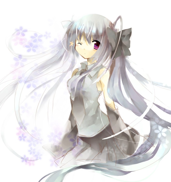 jin rikuri, hatsune miku, vocaloid, bad id, bad pixiv id, alternate hair color, detached sleeves, long hair, purple eyes, ribbon, solo, twintails, very long hair, white hair