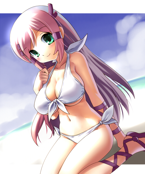 katahira masashi, helene (athena), athena (series), snk, 1girl, beach, bikini, breasts, cleavage, day, female focus, front-tie top, green eyes, large breasts, long hair, navel, pink hair, side-tie bikini bottom, smile, solo, swimsuit, white bikini