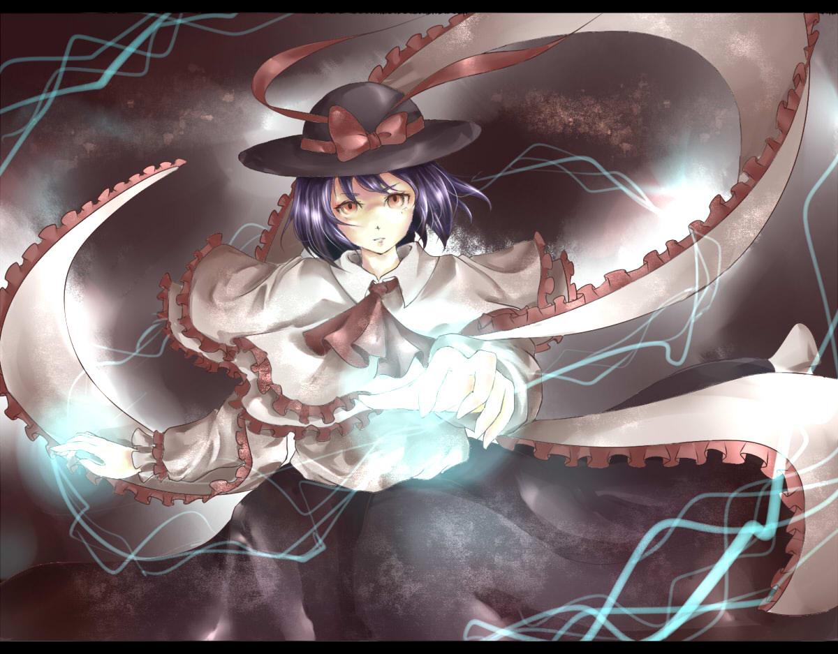 namu (artist), namuko, nagae iku, touhou, 1girl, black skirt, capelet, dress, female focus, long sleeves, looking at viewer, purple hair, shawl, short hair, skirt, solo, white dress