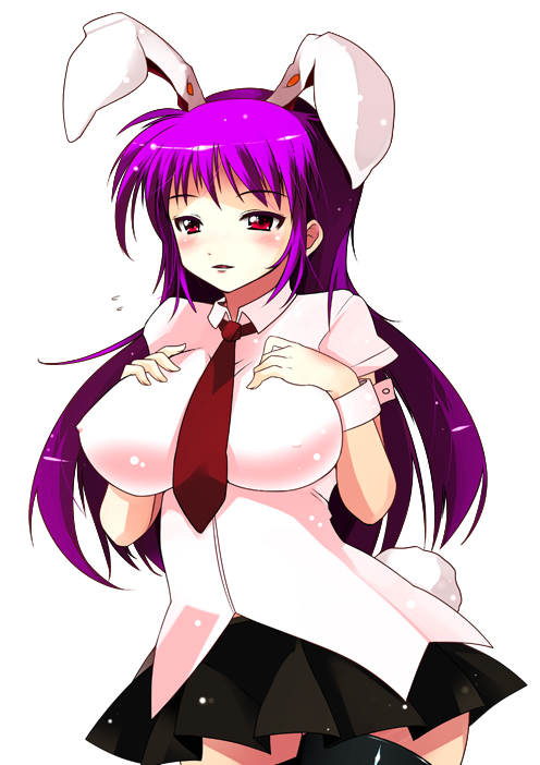 ippongui, reisen udongein inaba, touhou, bad id, bad pixiv id, 1girl, animal ears, breasts, female focus, huge breasts, long hair, necktie, purple hair, rabbit ears, rabbit girl, rabbit tail, red eyes, red necktie, simple background, skirt, solo, tail, thighhighs, wrist cuffs