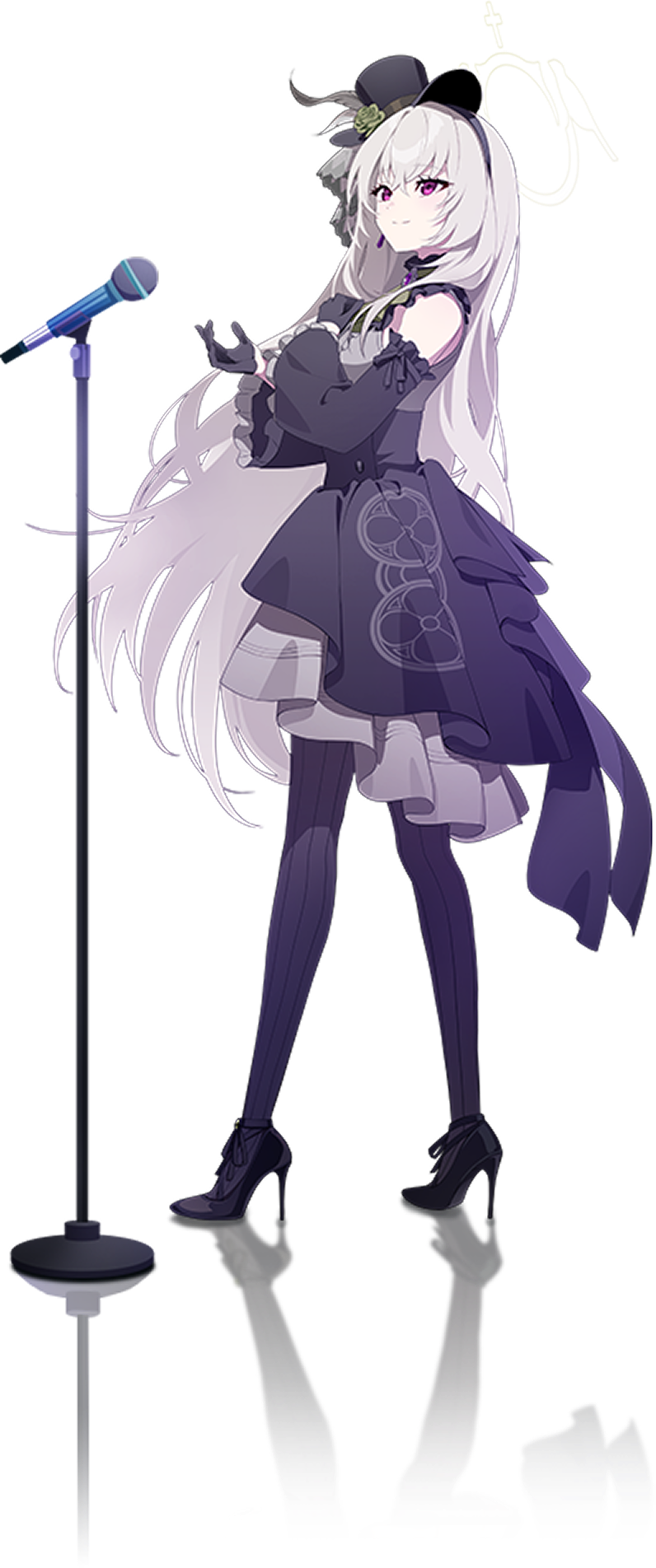 sakurako (blue archive), sakurako (idol) (blue archive), blue archive, official art, tagme, 1girl, black dress, black gloves, black hat, black leggings, black shoes, dress, female focus, frills, gloves, grey hair, grey halo, halo, hat, high heels, leggings, long hair, microphone, microphone stand, purple eyes, reflection, shoes, simple background, top hat, transparent background