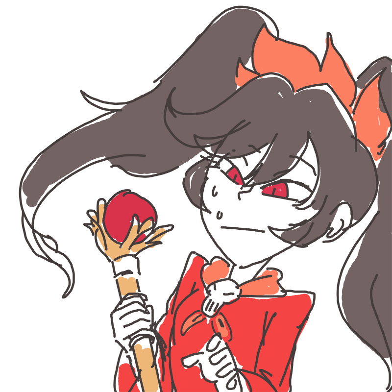 davewaterfalls, ashley (warioware), nintendo, warioware, 1girl, black hair, headband, neckerchief, red eyes, simple background, skull brooch, solo, staff, sweat, twintails, witch