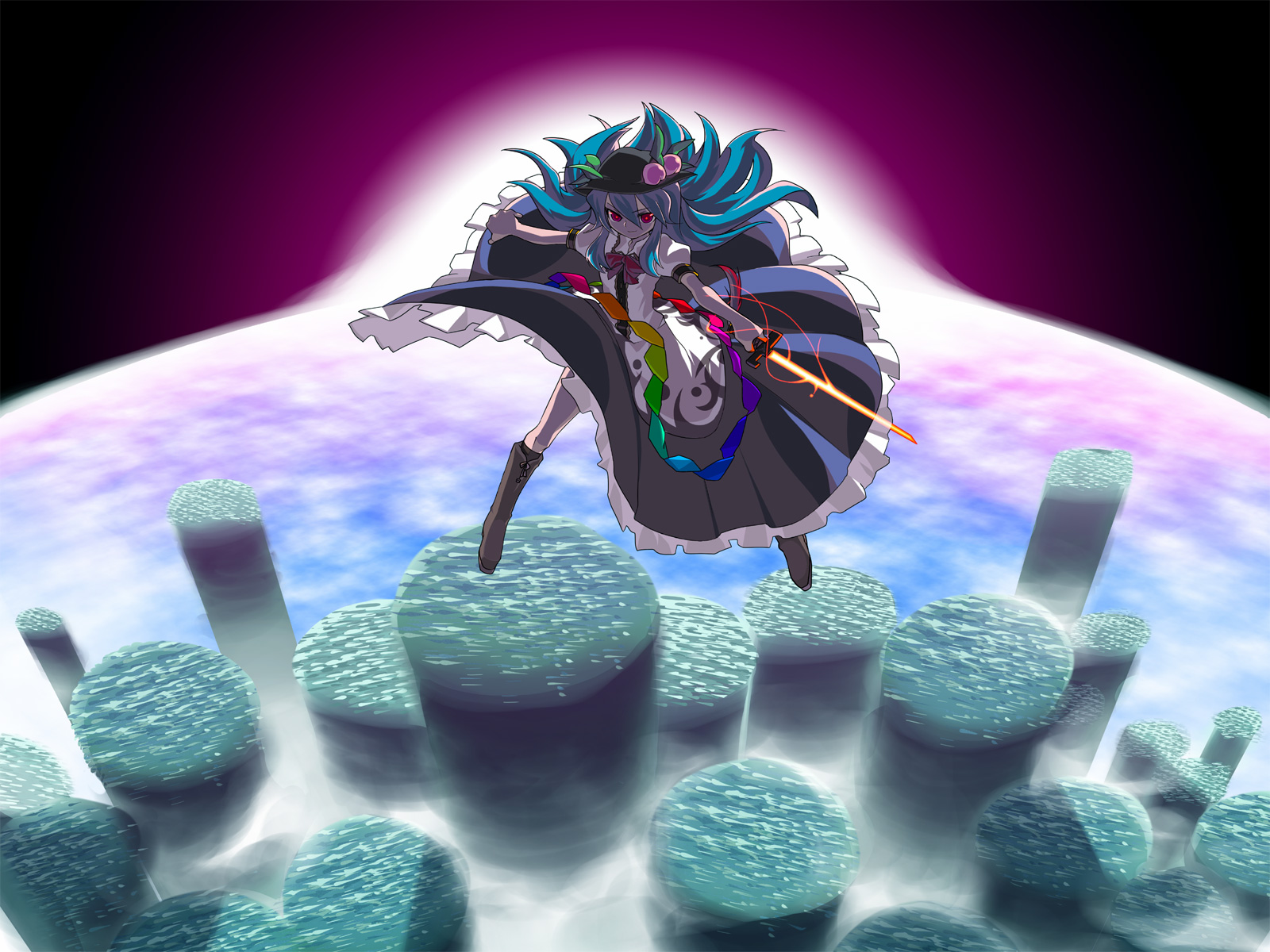 tsuru (artist), tsuru (clainman), hinanawi tenshi, scarlet weather rhapsody, touhou, highres, 1girl, blue hair, earth (planet), female focus, food, fruit, hat, long hair, peach, planet, ribbon, solo, sword, sword of hisou, weapon, world