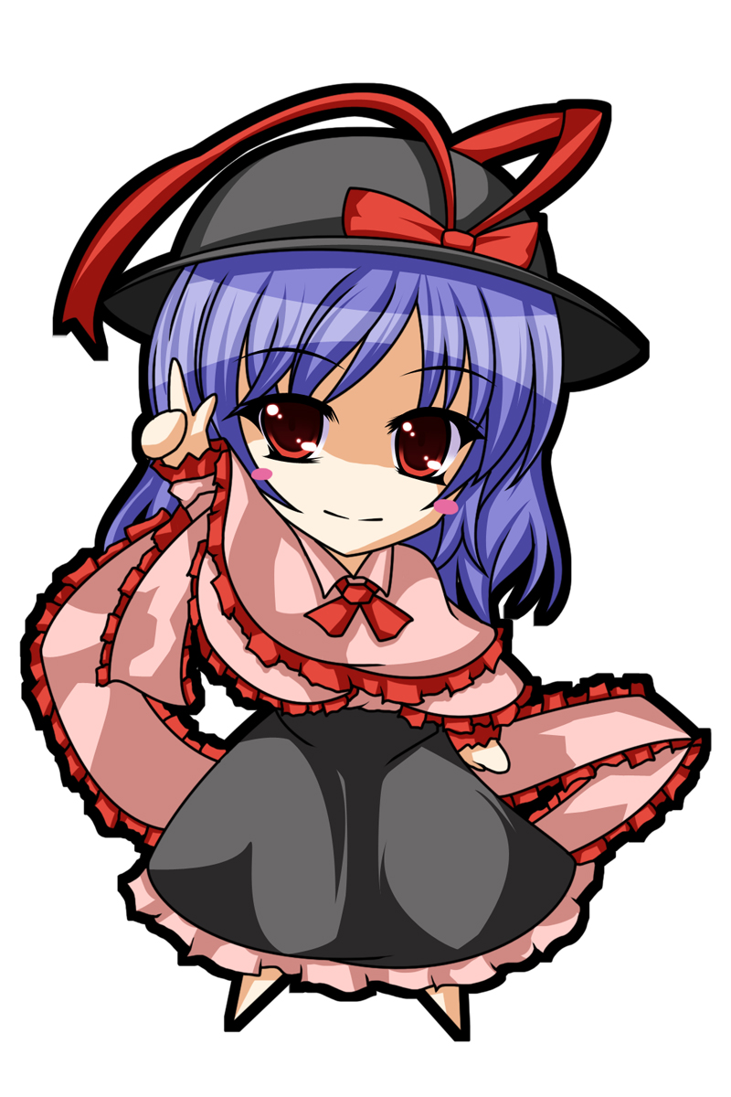 onsen tamago (nurumayu onsen), nagae iku, touhou, bad id, bad pixiv id, highres, 1girl, black hat, blue hair, blush, chibi, female focus, full body, hat, long hair, red eyes, ribbon, simple background, solo, standing, white background