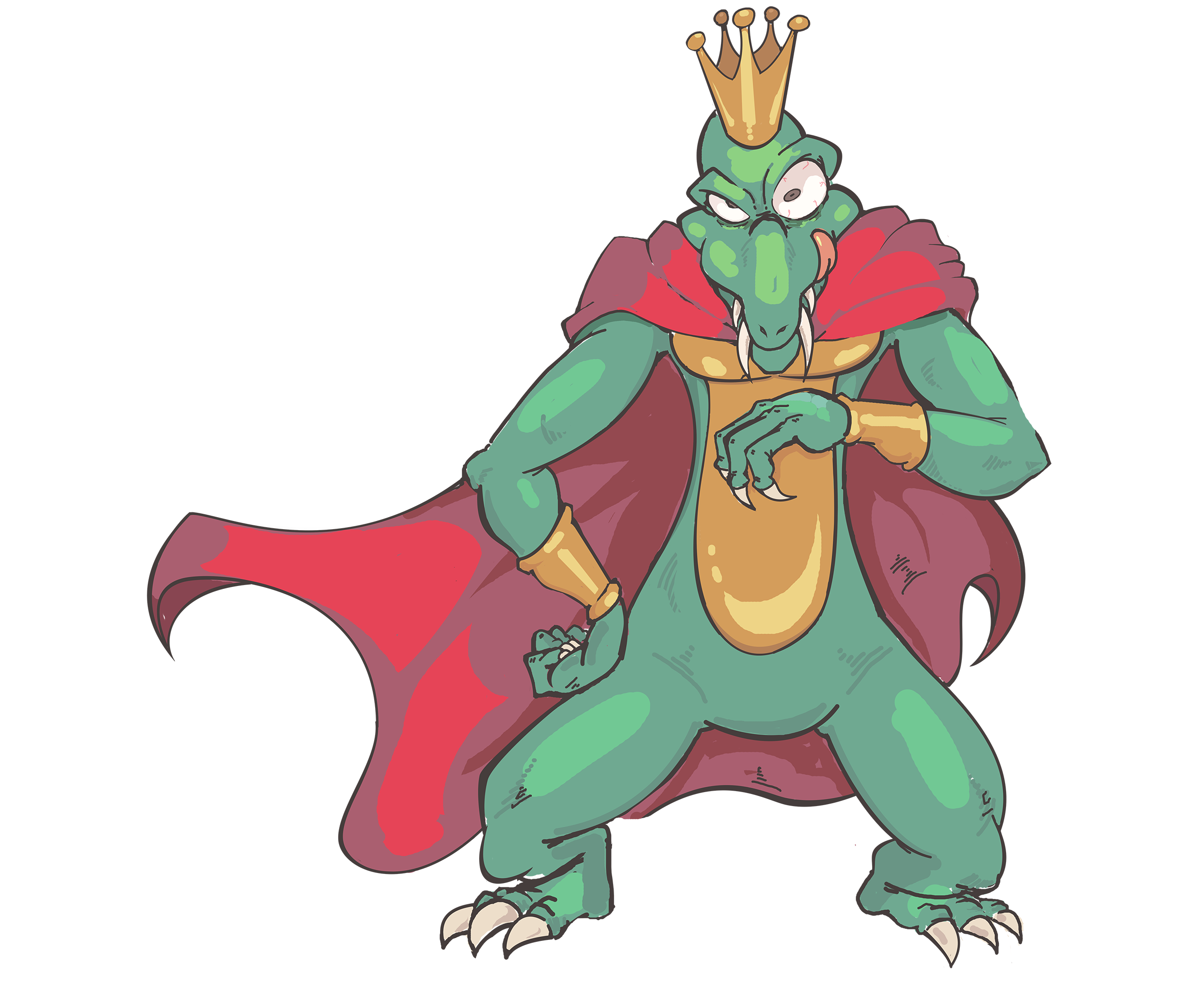 davewaterfalls, king k. rool, donkey kong (series), nintendo, cape, crocodile, crocodilian, crown, licking lips, looking at viewer, simple background, skinny, tongue, tongue out, wrist cuffs