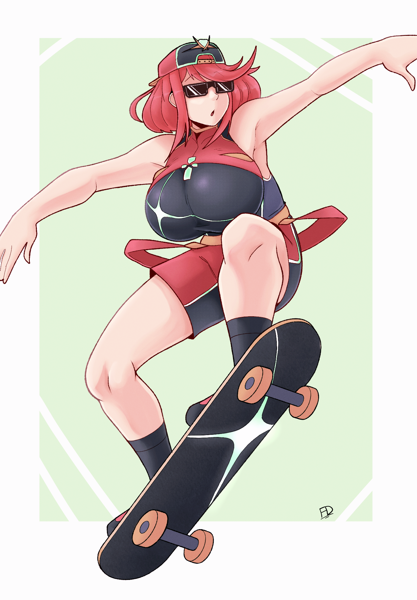 fifferdraws, pyra (pro swimmer) (xenoblade), pyra (xenoblade), xenoblade chronicles (series), xenoblade chronicles 2, highres, 1girl, adapted costume, backwards hat, bare arms, baseball cap, breasts, chest jewel, core crystal (xenoblade), hat, large breasts, one-piece swimsuit, parted lips, red hair, signature, skateboard, skateboarding, solo, sunglasses, swimsuit