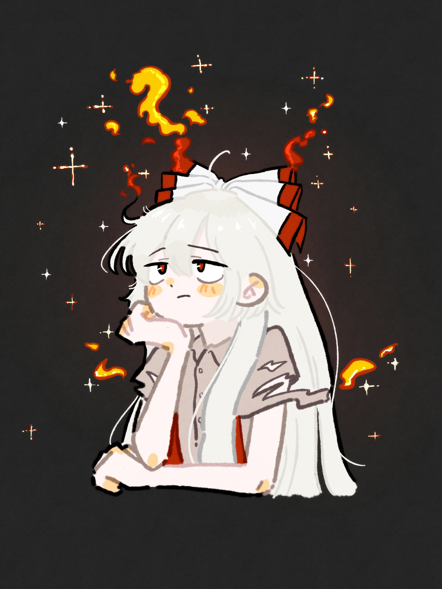 hakunemui, fujiwara no mokou, touhou, commentary request, highres, 1girl, bow, fire, grey background, hair bow, long hair, red eyes, shirt, simple background, solo, suspenders, torn clothes, torn sleeves, unamused, white hair, white shirt