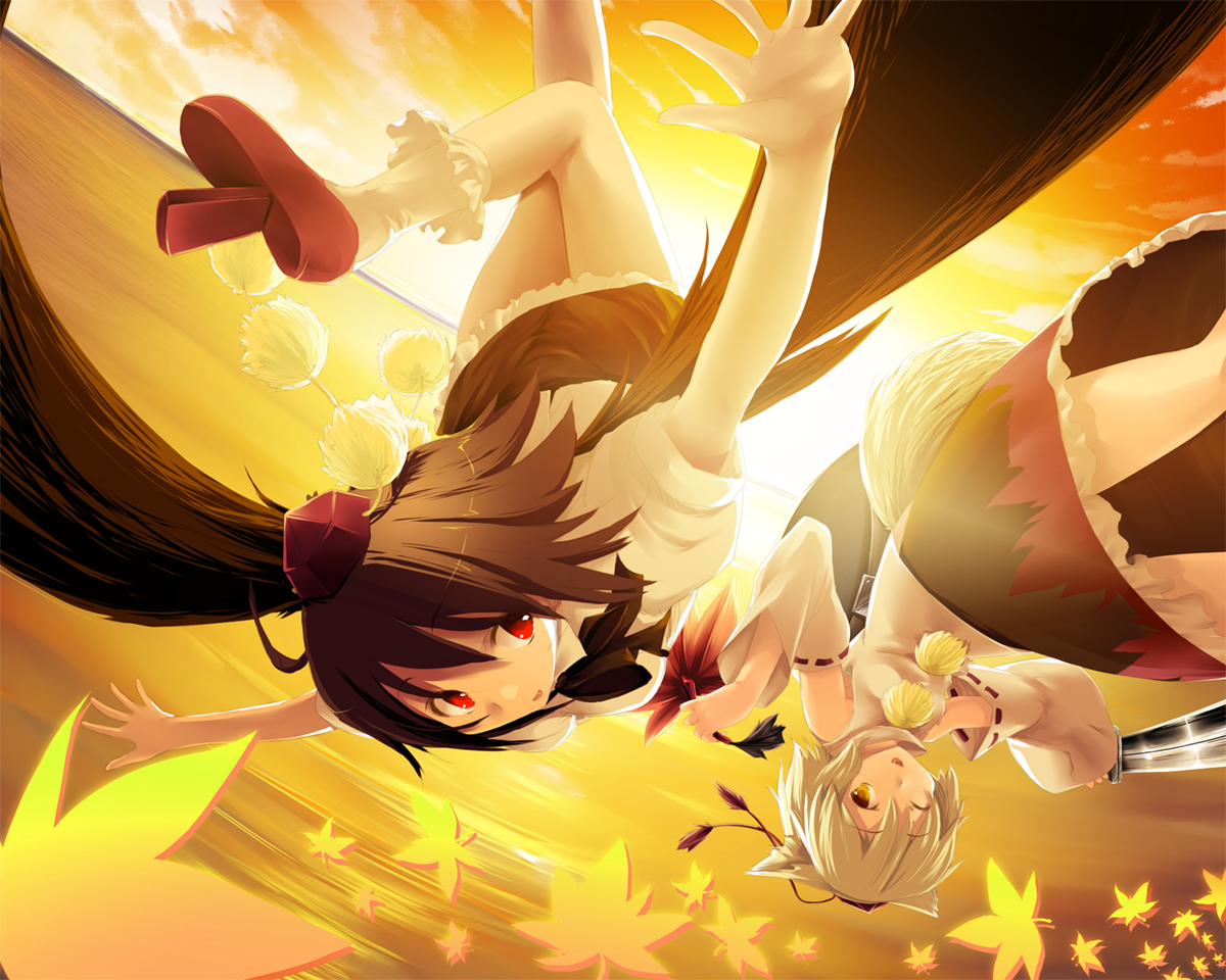 date hajime, inubashiri momiji, shameimaru aya, touhou, 2girls, female focus, geta, hat, multiple girls, tengu-geta