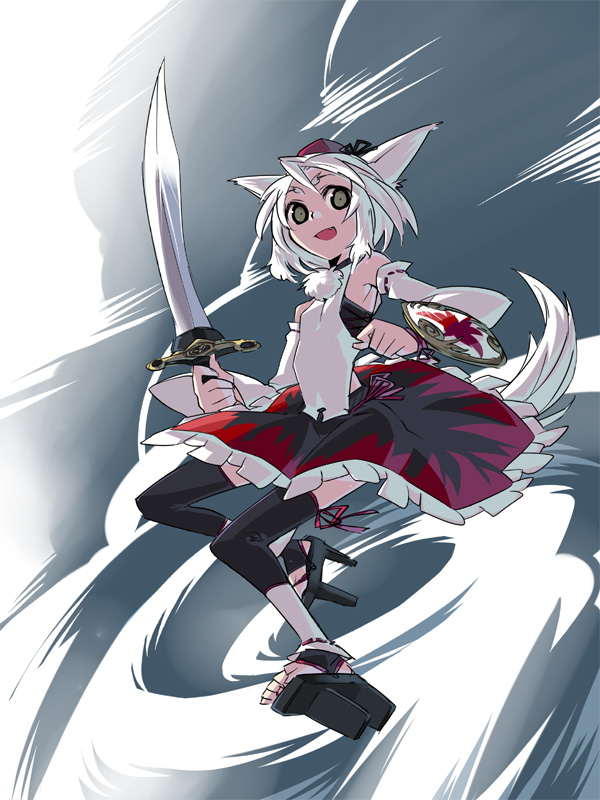 tsuru (artist), tsuru (clainman), inubashiri momiji, touhou, 1girl, animal ears, armpits, bare shoulders, detached sleeves, fang, female focus, flat chest, geta, hat, open mouth, shield, short hair, skinny, smile, solo, sword, tail, tengu-geta, toeless legwear, tokin hat, weapon, white hair, wolf ears, wolf tail