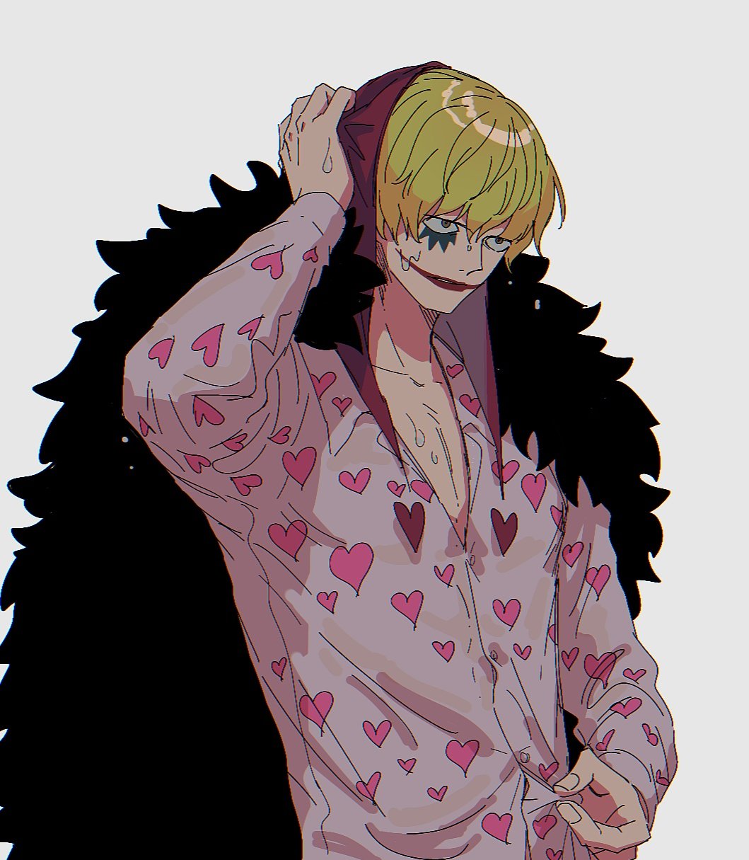hdksz 39, donquixote rocinante, one piece, commentary, highres, 1boy, black cape, blonde hair, cape, collared shirt, feather cape, heart, heart print, hood, looking ahead, makeup, male focus, pink shirt, shirt, short hair, simple background, solo, upper body, water, white background