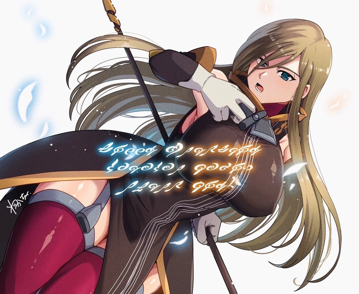 wakachi, tear grants, tales of (series), tales of the abyss, commentary request, 1girl, armpit crease, bare shoulders, blue eyes, breasts, brown dress, brown hair, brown sleeves, detached sleeves, dress, feet out of frame, fighting stance, garter straps, gloves, holding, holding knife, holding staff, knife, large breasts, long hair, looking at viewer, open mouth, pelvic curtain, red thighhighs, sidelocks, sleeveless, sleeveless dress, solo, staff, thighhighs, thighs, white gloves