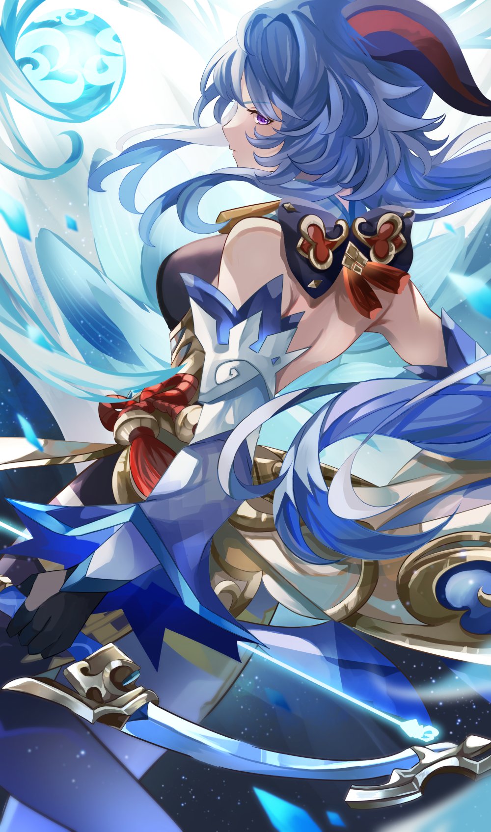 suika (rios151794), ganyu (genshin impact), genshin impact, commentary, highres, symbol-only commentary, 1girl, backless outfit, bare shoulders, black gloves, blue hair, bodystocking, bow, breasts, detached sleeves, dress, gloves, goat horns, horns, large breasts, long hair, ponytail, purple eyes, solo, white dress