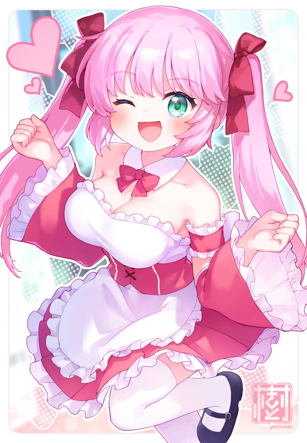 kito (sorahate), original, commentary request, commission, highres, skeb commission, 1girl, ;d, apron, bare shoulders, black shoes, blush, bow, breasts, cleavage, collarbone, detached collar, detached sleeves, dress, frilled apron, frilled dress, frilled sleeves, frills, green eyes, hair bow, hands up, heart, long hair, long sleeves, looking at viewer, medium breasts, one eye closed, open mouth, pink hair, pleated dress, red bow, red dress, red sleeves, shoes, smile, solo, standing, standing on one leg, thighhighs, twintails, very long hair, waist apron, white apron, white thighhighs, wide sleeves