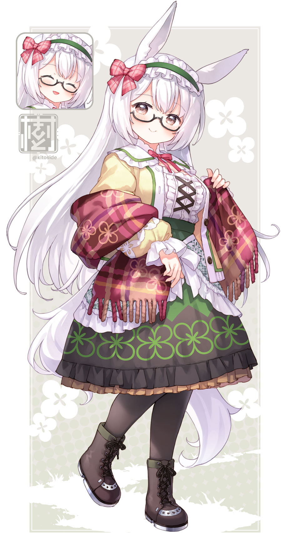 kito (sorahate), original, commentary request, commission, highres, skeb commission, 1girl, animal ears, black-framed eyewear, black boots, black pantyhose, boots, breasts, brown eyes, brown jacket, center frills, floral background, frilled hairband, frilled skirt, frills, fringe trim, glasses, green hairband, green skirt, grey background, hairband, jacket, lace-up boots, long hair, long sleeves, medium breasts, multiple views, pantyhose, puffy long sleeves, puffy sleeves, semi-rimless eyewear, shawl, shirt, skirt, sleeves past wrists, standing, standing on one leg, tail, under-rim eyewear, very long hair, white hair, white shirt