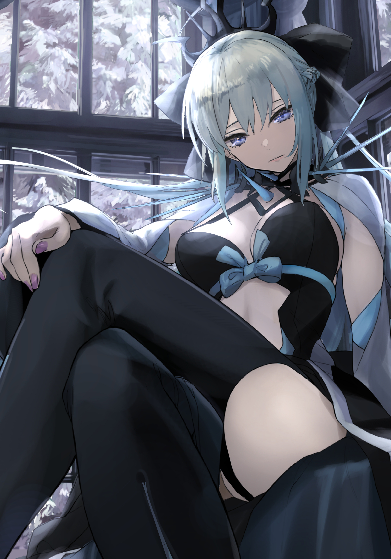 chef no kimagure salad, morgan le fay (fate), morgan le fay (third ascension) (fate), fate/grand order, fate (series), commentary request, highres, 1girl, black bow, black dress, black tiara, blue eyes, bow, braid, breasts, center opening, cleavage, clothing cutout, dress, grey hair, hair bow, half up braid, large breasts, long hair, looking at viewer, ponytail, solo, spikes, staff, stomach cutout, stomach tattoo, tattoo, tiara, two-tone dress, very long hair
