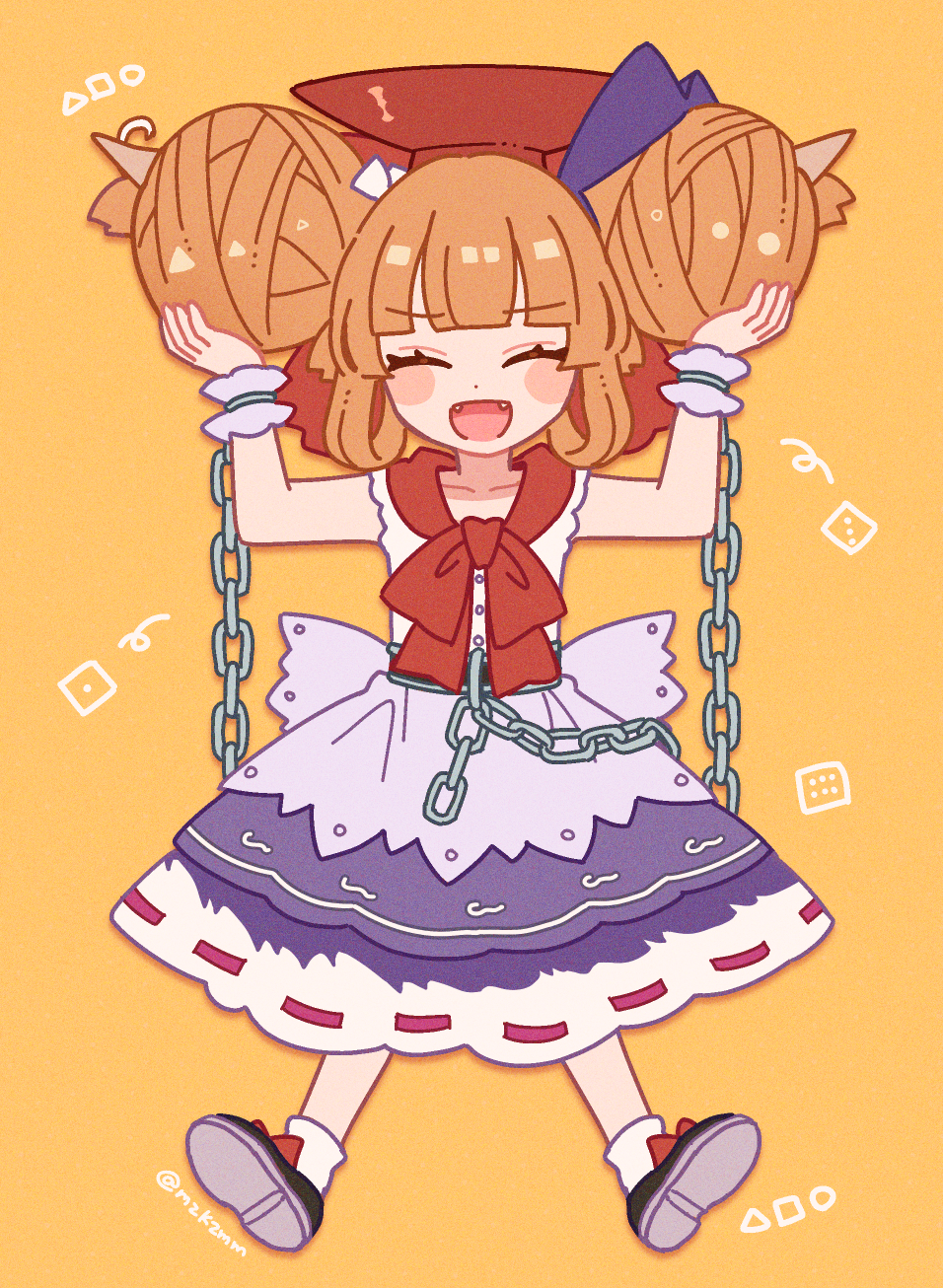 mozukuzu (manukedori), ibuki suika, lotus eaters, touhou, commentary request, highres, 1girl, blush, bow, brown horns, chain, closed eyes, cup, cup on head, double bun, facing viewer, fangs, hair bow, hair bun, horns, official alternate hairstyle, oni, open mouth, orange hair, purple skirt, red bow, sakazuki, shirt, shoes, skirt, smile, socks, solo, white shirt, white socks, yellow background