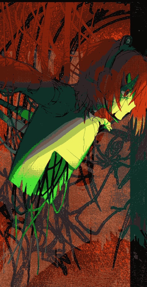 hirune (suiminbusoku118), adachi rei, a.i. voice, utau, commentary request, 1girl, android, cable, from side, hanging, orange eyes, orange hair, profile, severed torso, solo