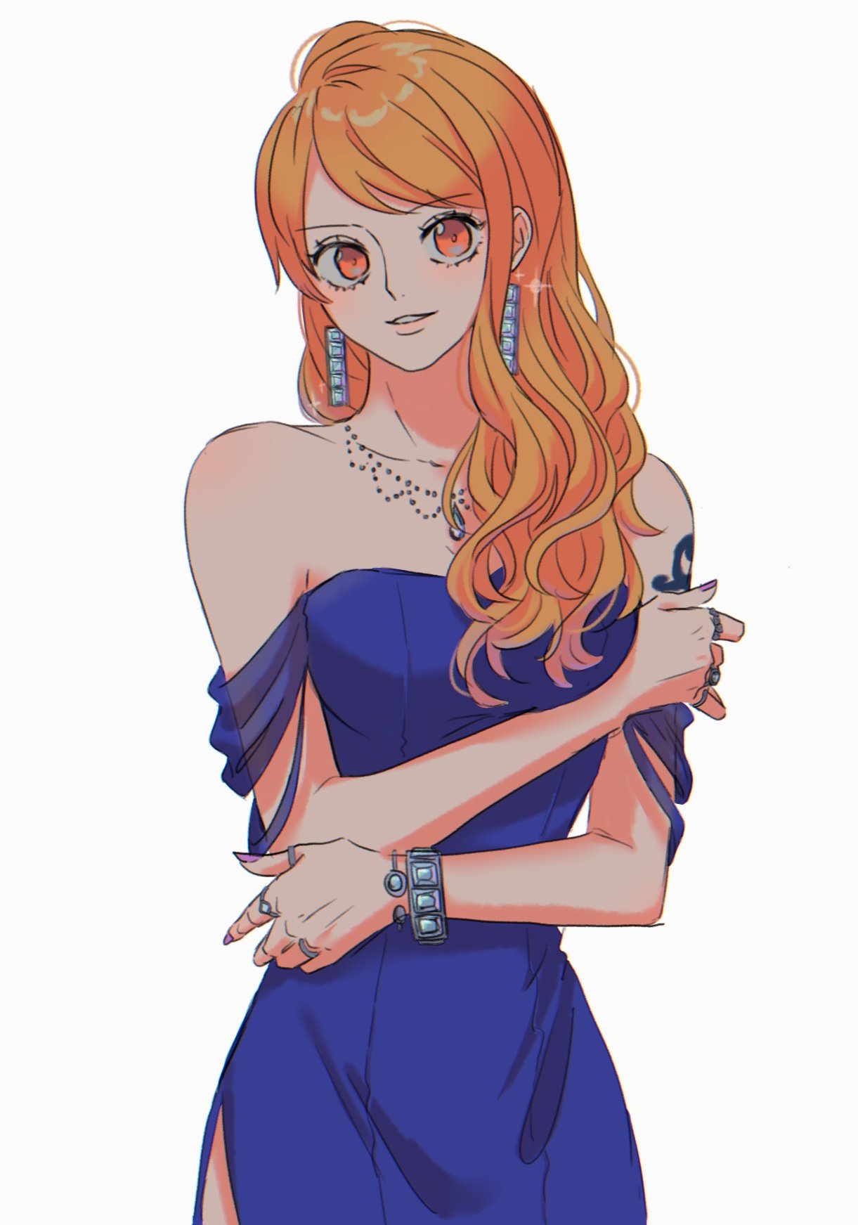 hdksz 39, nami (one piece), one piece, commentary request, highres, 1girl, arm tattoo, bare shoulders, blue dress, bracelet, cowboy shot, dress, earrings, fingernails, jewelry, long fingernails, long hair, necklace, orange eyes, orange hair, purple nails, ring, simple background, smile, solo, tattoo, white background