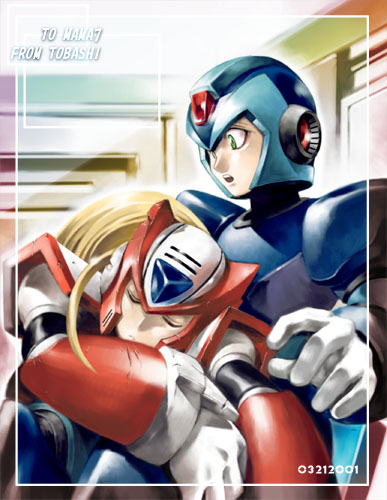 zero (mega man), capcom, mega man (series), mega man x (series), lowres, 2boys, indoors, male focus, multiple boys, teeth, upper teeth only, yaoi