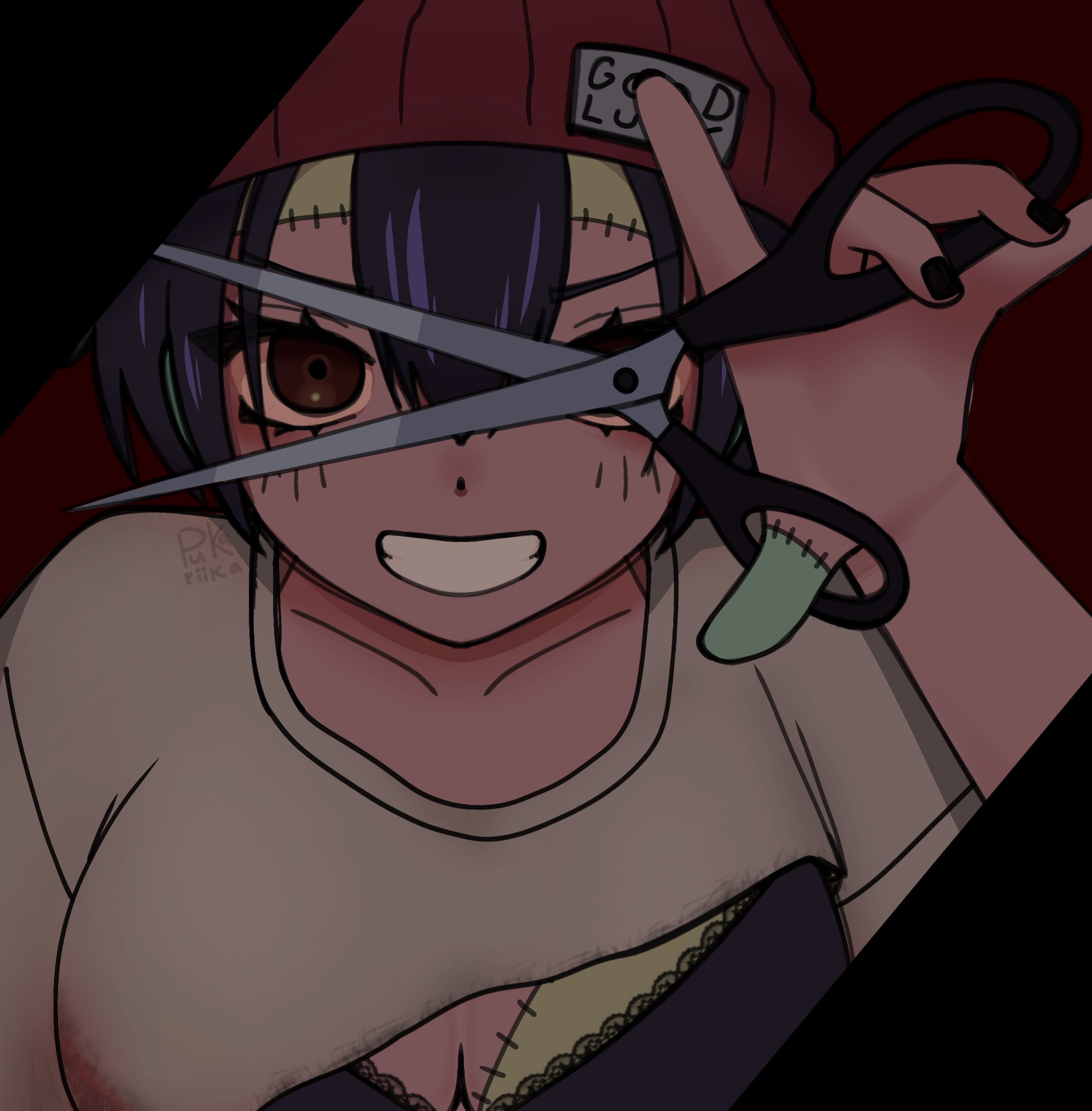 izumo fuuko, undead unluck, commentary, english commentary, highres, beanie, black hair, bra visible through clothes, hat, red eyes, riikatopor12, scissors, shirt, stitched chest, stitched face, stitched fingers, stitches, white shirt