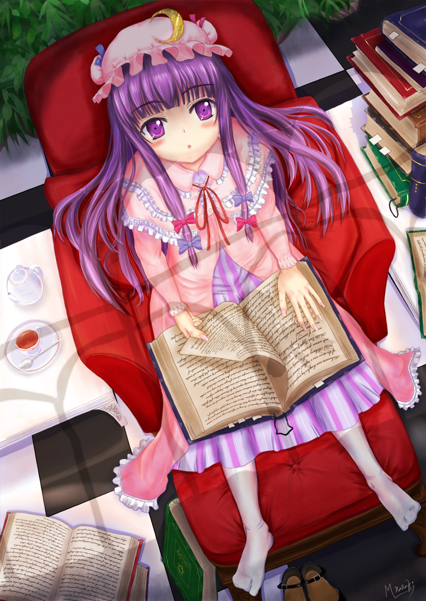 minami nanaki, nanaki, patchouli knowledge, touhou, bad id, bad pixiv id, highres, 1girl, book, bow, cup, female focus, hat, long hair, pink bow, purple eyes, purple hair, shoes, solo, tea, teacup