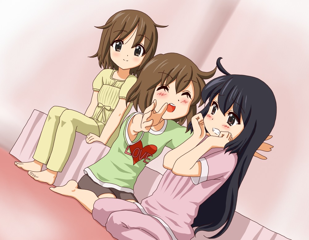 chunpai, hirasawa ui, hirasawa yui, nakano azusa, k-on!, 00s, 3girls, ahoge, barefoot, black hair, blush, brown eyes, brown hair, closed eyes, dutch angle, long hair, multiple girls, pajamas, short hair, sleepwear