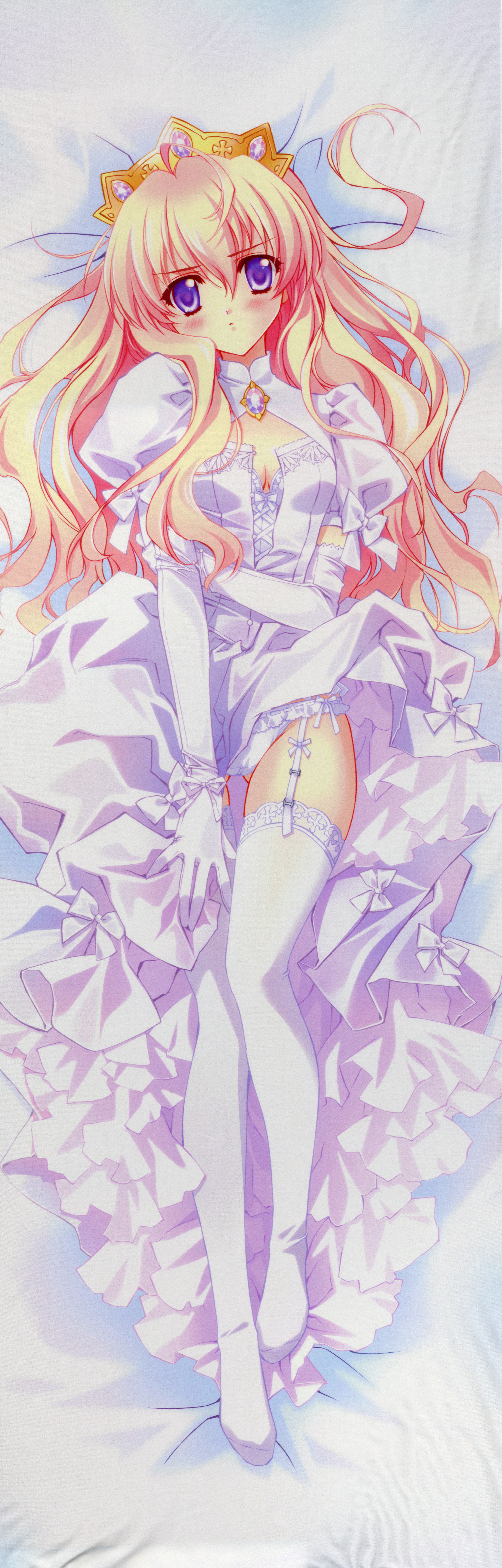 carnelian, original, absurdres, highres, long image, md5 mismatch, scan, tall image, 1girl, ahoge, bed, blonde hair, blush, breasts, cleavage, crown, dakimakura (medium), dress, elbow gloves, female focus, full body, garter belt, gloves, long hair, lying, medium breasts, on back, panties, pink hair, purple eyes, solo, thigh gap, thighhighs, thighs, underwear, white panties, white thighhighs