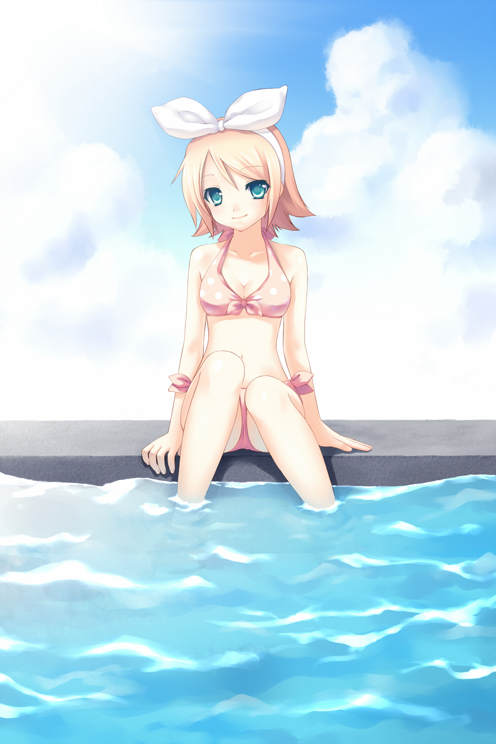 nana mikoto, kagamine rin, vocaloid, highres, 00s, 1girl, aqua eyes, arm support, bikini, blonde hair, bow, breasts, cleavage, cloud, day, female focus, front-tie top, hair bow, head tilt, looking at viewer, medium breasts, navel, partially submerged, pink bikini, polka dot, polka dot bikini, polka dot swimsuit, pool, poolside, short hair, side-tie bikini bottom, sitting, smile, soaking feet, solo, swimsuit, water