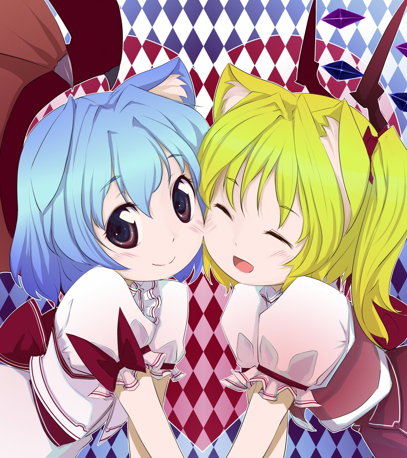gustav (telomere na), flandre scarlet, remilia scarlet, touhou, 2girls, animal ears, bat wings, blonde hair, blue hair, cat ears, cat girl, cheek-to-cheek, female focus, heads together, kemonomimi mode, multiple girls, ponytail, red eyes, short hair, siblings, side ponytail, sisters, wings