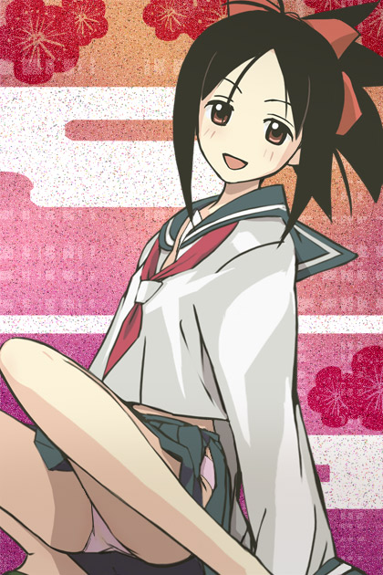 haruyama kazunori, oora kanako, sayonara zetsubou sensei, 00s, 1girl, black hair, bow, female focus, hair bow, hair up, open clothes, open skirt, panties, red eyes, school uniform, serafuku, skirt, smile, solo, underwear