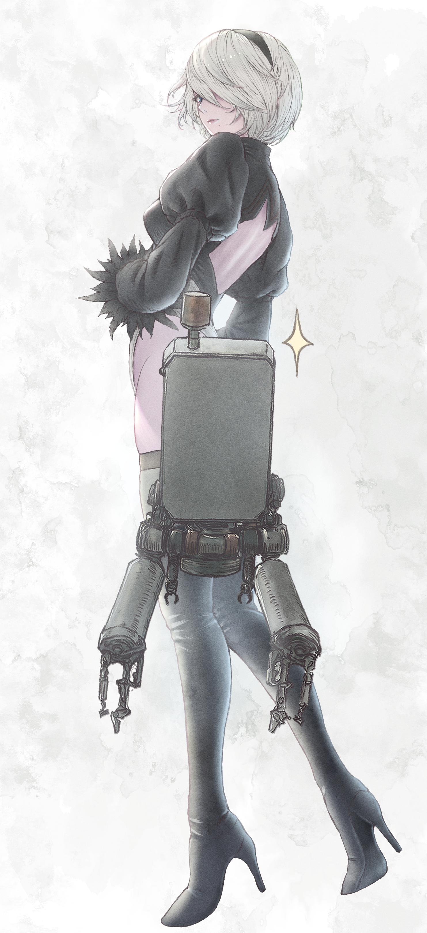 tomozoo83, 2b (nier:automata), pod (nier:automata), nier:automata, nier (series), absurdres, commentary, english commentary, highres, 1girl, bare back, black boots, black jacket, boots, cropped jacket, from side, hair over one eye, high heels, jacket, looking at viewer, puffy sleeves, short hair, solo, thigh boots, white hair