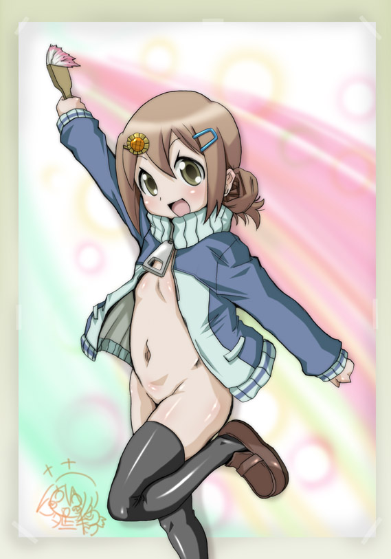 hirokawa kouichirou, noda miki, ga geijutsuka art design class, 00s, 1girl, black thighhighs, bottomless, female focus, flat chest, hair ornament, hairclip, jacket, loafers, loli, naked jacket, open clothes, open jacket, paintbrush, shoes, solo, thighhighs, track jacket, trim brush