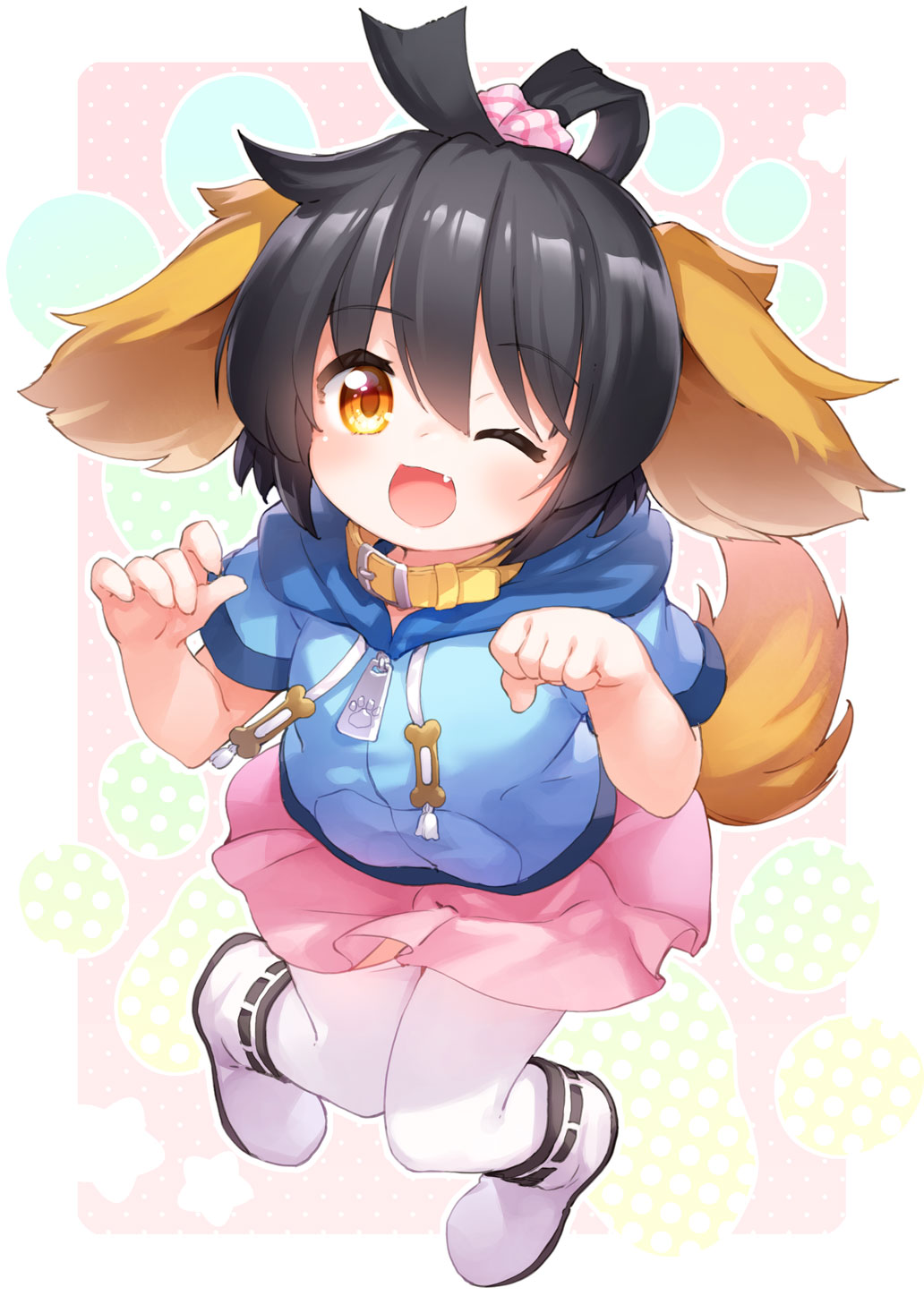 kito (sorahate), original, commentary request, commission, highres, skeb commission, 1girl, ;d, animal ears, black hair, blue jacket, boots, dog ears, dog girl, dog tail, drawstring, fang, full body, hair between eyes, hood, hood down, hooded jacket, jacket, looking at viewer, one eye closed, open mouth, orange eyes, pink skirt, pleated skirt, polka dot, short sleeves, skirt, smile, solo, tail, thighhighs, thighhighs under boots, white boots, white thighhighs, yellow collar