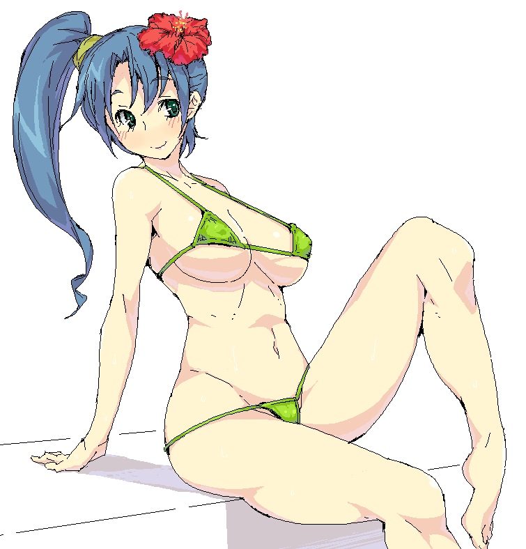 amami amayu, 1girl, arm support, barefoot, bikini, blue hair, breasts, feet, female focus, flower, hair flower, hair ornament, hibiscus, large breasts, leg up, long hair, micro bikini, ponytail, side ponytail, simple background, sitting, smile, solo, swimsuit, white background