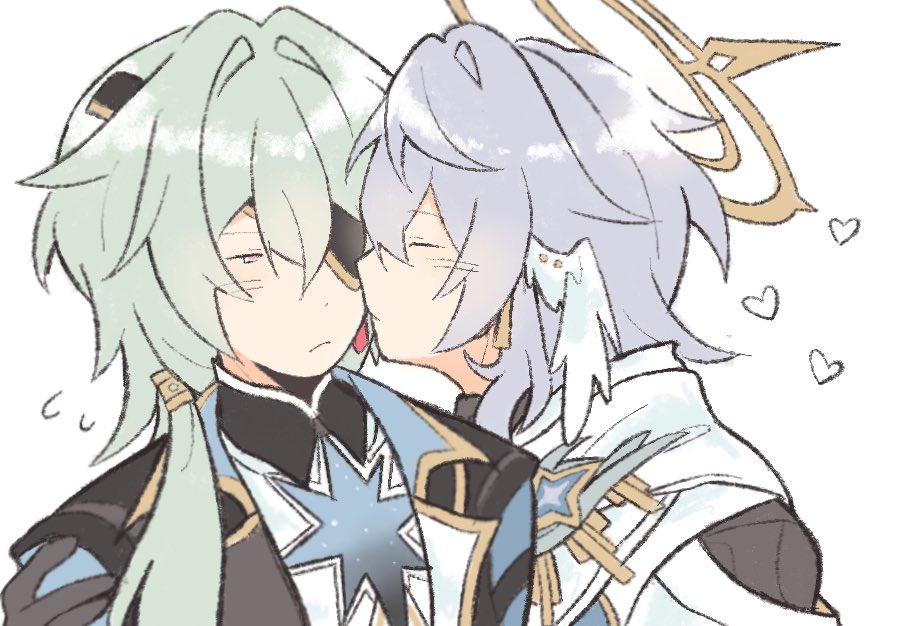 anaxa (honkai: star rail), sunday (honkai: star rail), honkai: star rail, honkai (series), commentary, english commentary, 2boys, 4halovian, black jacket, blue eyes, blush, closed eyes, closed mouth, earrings, eyepatch, feathered wings, flying sweatdrops, gold earrings, greco-roman clothes, green hair, grey hair, hair between eyes, hair ornament, half-closed eye, halo, halo behind head, head wings, heart, jacket, jewelry, kiss, kissing cheek, lapels, long hair, looking at another, low ponytail, male focus, mandarin collar, multicolored eyes, multiple boys, open clothes, open jacket, piercing, ponytail, purple eyes, scarf, shirt, short hair, sidelocks, simple background, single earring, upper body, white background, white scarf, white shirt, wing piercing, wings, yaoi