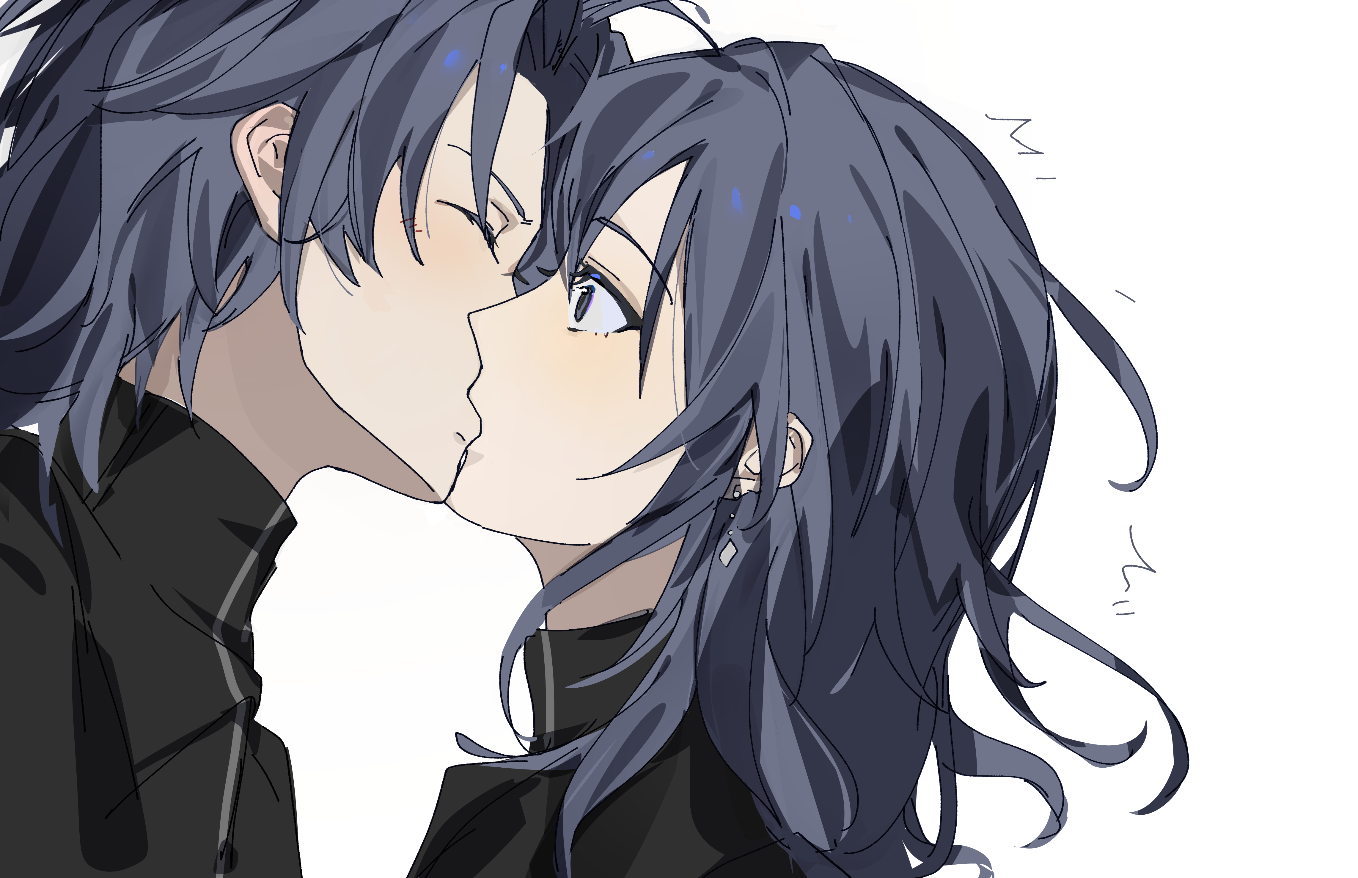 kuailemaoamaomao^o^, chief (path to nowhere), female chief (path to nowhere), male chief (path to nowhere), path to nowhere, absurdres, chinese commentary, commentary request, highres, 1boy, 1girl, ^^^, ahoge, black shirt, blue hair, blush, closed eyes, curtained hair, earrings, from side, hetero, jewelry, kiss, long hair, looking at another, medium hair, portrait, profile, shirt, simple background, surprise kiss, surprised, white background