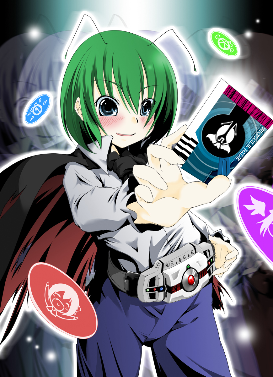 aki (akikaze asparagus), autumn (artist), kamen rider decade, mystia lorelei, rumia, wriggle nightbug, kamen rider, kamen rider dcd, shoot the bullet, touhou, highres, 1girl, antennae, belt, blonde hair, cape, card, circled 9, female focus, green hair, henshin, holding, holding card, parody, red eyes, solo, team 9 (touhou), u9b29u5305uff7duff76u7e5duff7bu30fbuff6du90e2u6662uff7duff7bu7e5duff7bu30fbuff68