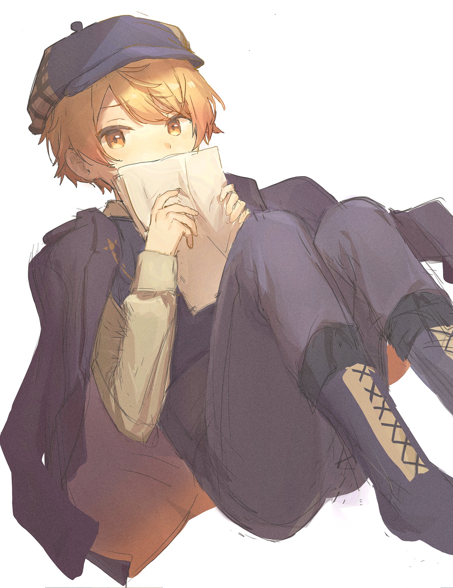 tenma tsukasa, project sekai, commentary, highres, symbol-only commentary, 1boy, blonde hair, boots, covering own mouth, holding, holding paper, jacket, jacket on shoulders, long sleeves, looking at viewer, male focus, pants, paper, solo, solo focus, takeishiooo, white background