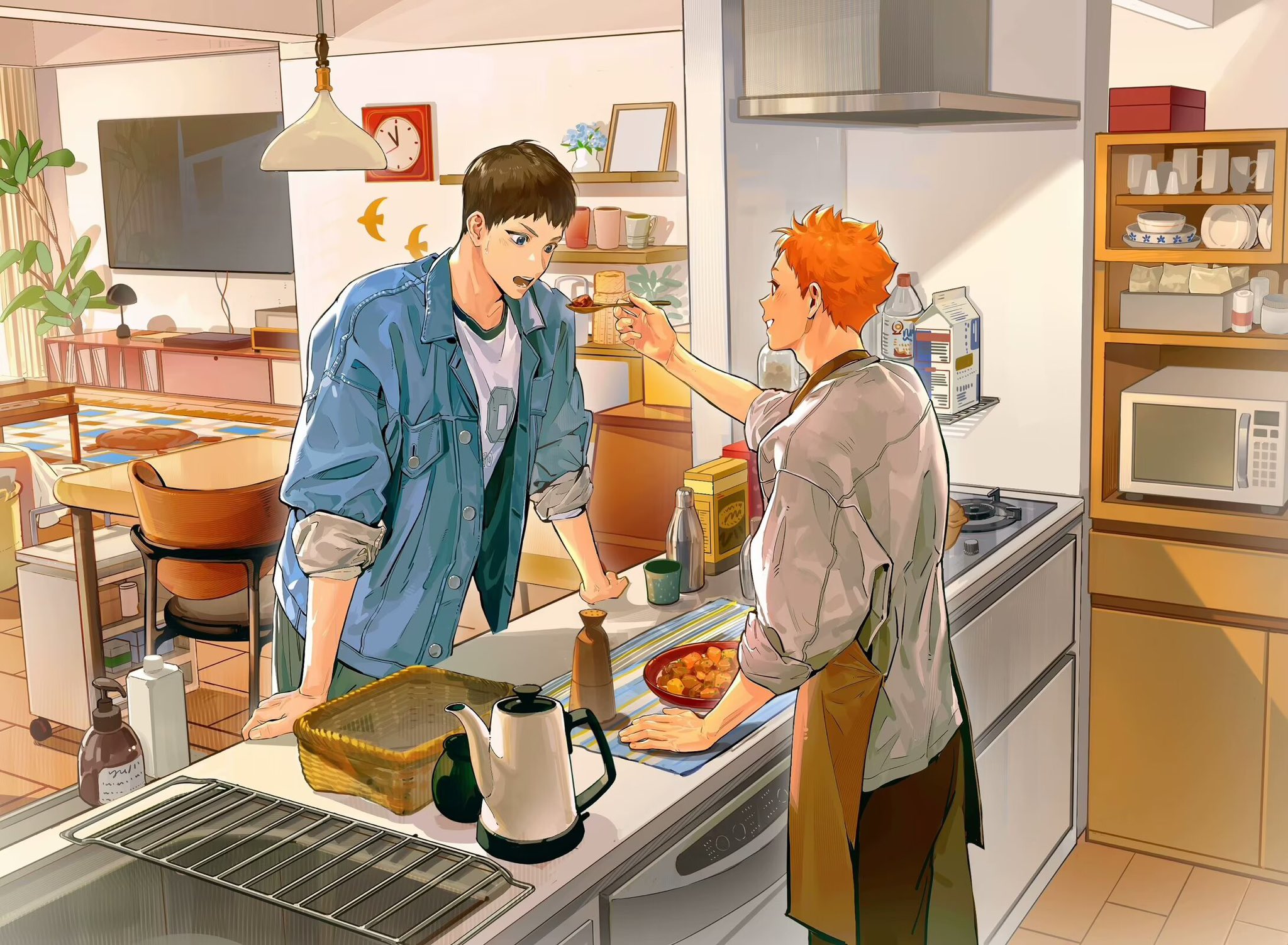 qingyang heshan, hinata shouyou, kageyama tobio, haikyuu!!, commentary request, highres, 2boys, analog clock, apron, black hair, blue eyes, bottle, brown apron, brown pants, chair, clock, denim, denim jacket, drink carton, feeding, food, holding, holding spoon, jacket, kettle, kitchen, living room, male focus, milk carton, multiple boys, open mouth, orange hair, pants, shirt, short hair, sleeves pushed up, slice of life, smile, spoon, standing, tasting, television, water bottle, white shirt