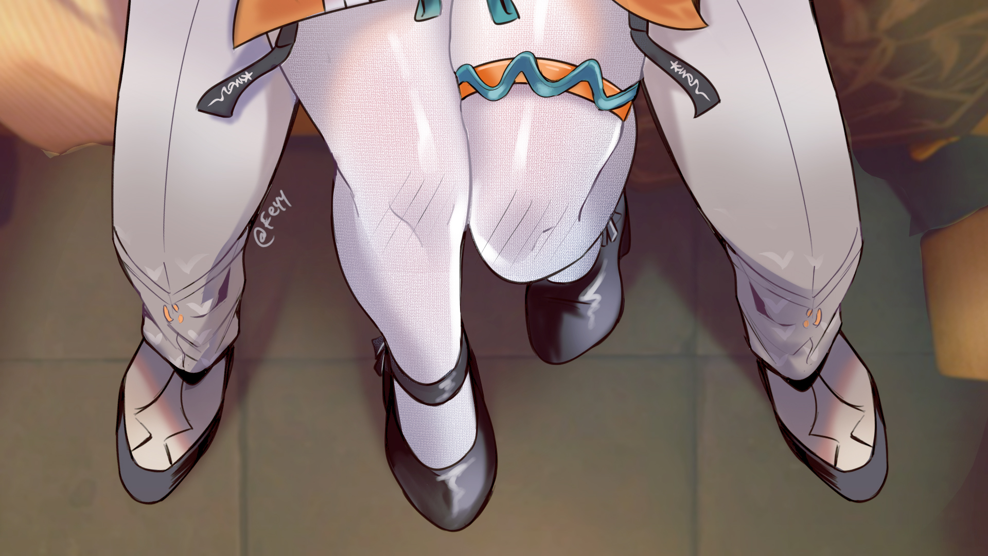 felichiii, belle (delicate sunlight) (zenless zone zero), belle (zenless zone zero), wise (soaring crane) (zenless zone zero), wise (zenless zone zero), zenless zone zero, hashtag-only commentary, highres, 1boy, 1girl, black shoes, brother and sister, from above, grey pants, grey shoes, implied incest, knee blush, leg focus, official alternate costume, pants, pantyhose, shoes, siblings, sitting, sitting on person, thigh strap, twitter username, white pantyhose