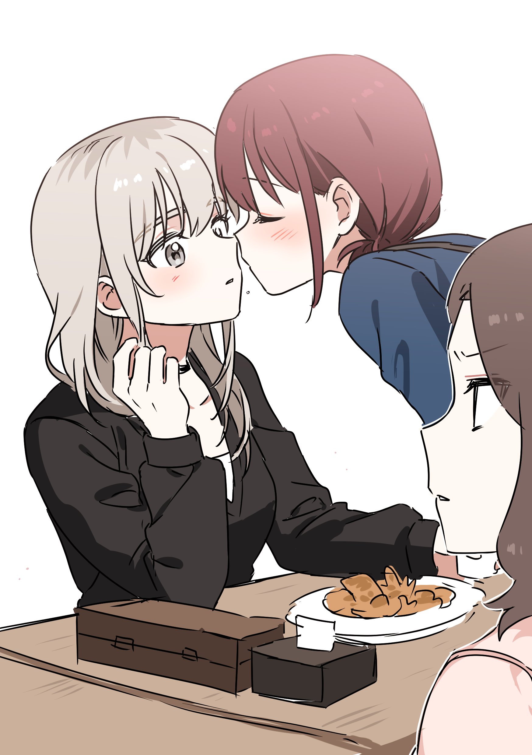 habsida (habsida hpy), ebizuka tomo, iseri nina, kawaragi momoka, girls band cry, absurdres, commentary request, highres, korean commentary, 3girls, black choker, black sweater, blue shirt, blush, brown hair, choker, food, grey eyes, grey hair, imminent kiss, long hair, medium hair, multicolored hair, multiple girls, parted lips, plate, red hair, roots (hair), shirt, short twintails, simple background, sweater, twintails, white background, yuri