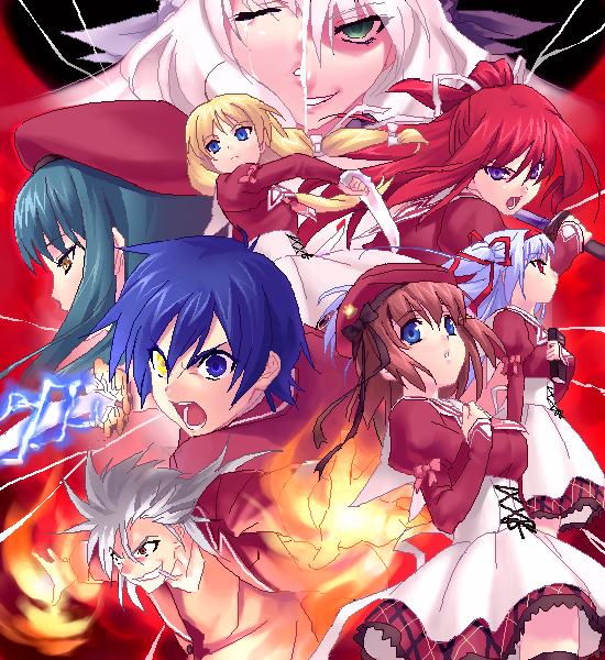 zen, hirohara yukiko, kusakabe misuzu, liselotte werckmeister, minase yuka, momono shiori, satsuki kakeru, tachibana kukuri, tajima takahisa, 11eyes, 00s, 2boys, 6+girls, blonde hair, blue eyes, casual, cigarette, closed eyes, dress, green eyes, green hair, grin, heterochromia, listte vertorre, long hair, multiple boys, multiple girls, ponytail, red eyes, red hair, smile, smoking, tears, white hair, yellow eyes