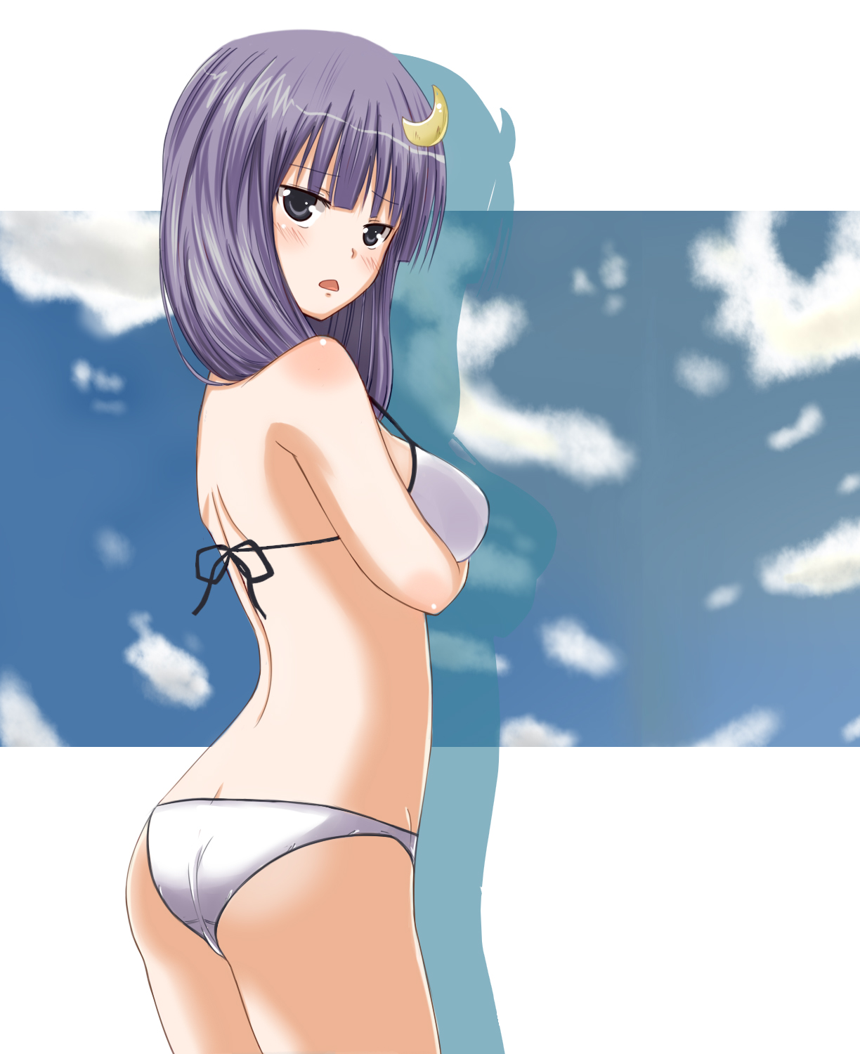 lock heart (juuryokudou), patchouli knowledge, touhou, bad id, bad pixiv id, highres, 1girl, bikini, blush, butt crack, crescent, crescent hair ornament, female focus, hair ornament, long hair, purple hair, solo, swimsuit