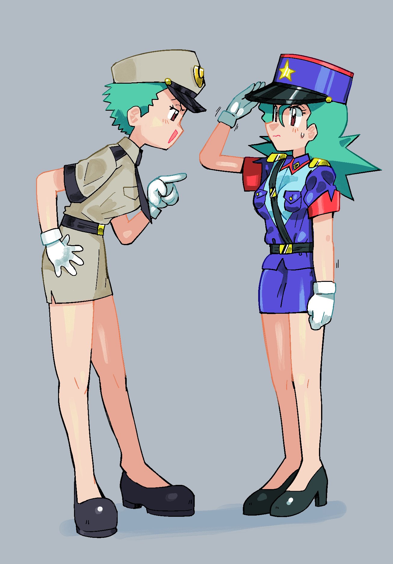 1her0, jenny (pokemon), nintendo, pokemon, pokemon (anime), pokemon (classic anime), pokemon bw (anime), highres, 2girls, belt, black belt, black necktie, black shoes, blue hat, brown eyes, collared dress, collared shirt, dress, dual persona, full body, gloves, grey dress, grey hat, half-closed eyes, hat, high heels, leaning forward, long hair, multiple girls, necktie, open mouth, pencil skirt, pointing, police, police hat, police uniform, policewoman, salute, shirt, shoes, short dress, short hair, short sleeves, skirt, smile, standing, star (symbol), sweatdrop, very short hair, white gloves