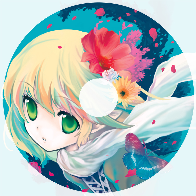 itou life, mizuhashi parsee, touhou, bad id, bad pixiv id, 1girl, blonde hair, bug, butterfly, circle, female focus, flower, green eyes, hair flower, hair ornament, insect, pointy ears, scarf, short hair, solo
