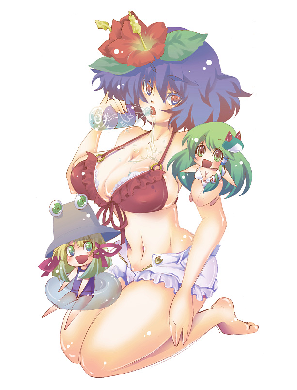 kogawa, kogawakogawa, kochiya sanae, moriya suwako, yasaka kanako, touhou, bad id, bad pixiv id, 3girls, barefoot, bikini, bottle, breasts, chibi, female focus, flower, frilled bikini, frills, full body, hair flower, hair ornament, hibiscus, huge breasts, multiple girls, o-ring, o-ring top, pinky out, red bikini, short hair, short shorts, shorts, simple background, swimsuit, unzipped, water, water bottle, white background