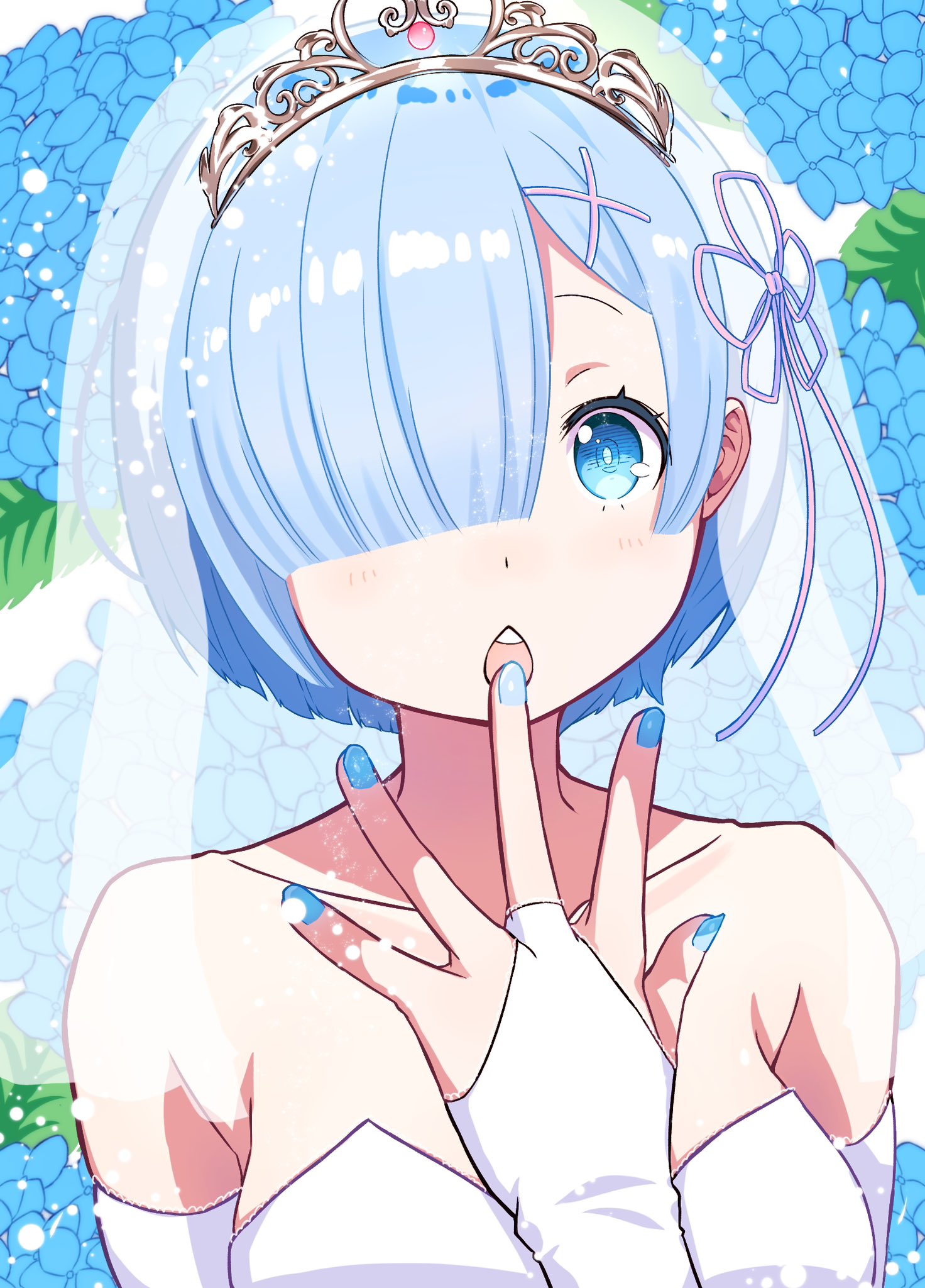 hikimori hikiko, rem (re:zero), re:zero kara hajimeru isekai seikatsu, commentary request, highres, 1girl, :o, alternate costume, bare shoulders, blue eyes, blue flower, blue hair, blue nails, blush, breasts, bridal gauntlets, bridal veil, collarbone, dress, floral background, flower, gloves, hair ornament, hair over one eye, hair ribbon, hydrangea, looking at viewer, medium breasts, nail polish, open mouth, purple ribbon, ribbon, short hair, solo, strapless, strapless dress, teeth, tiara, upper body, upper teeth only, veil, wedding dress, white dress, white gloves, x hair ornament