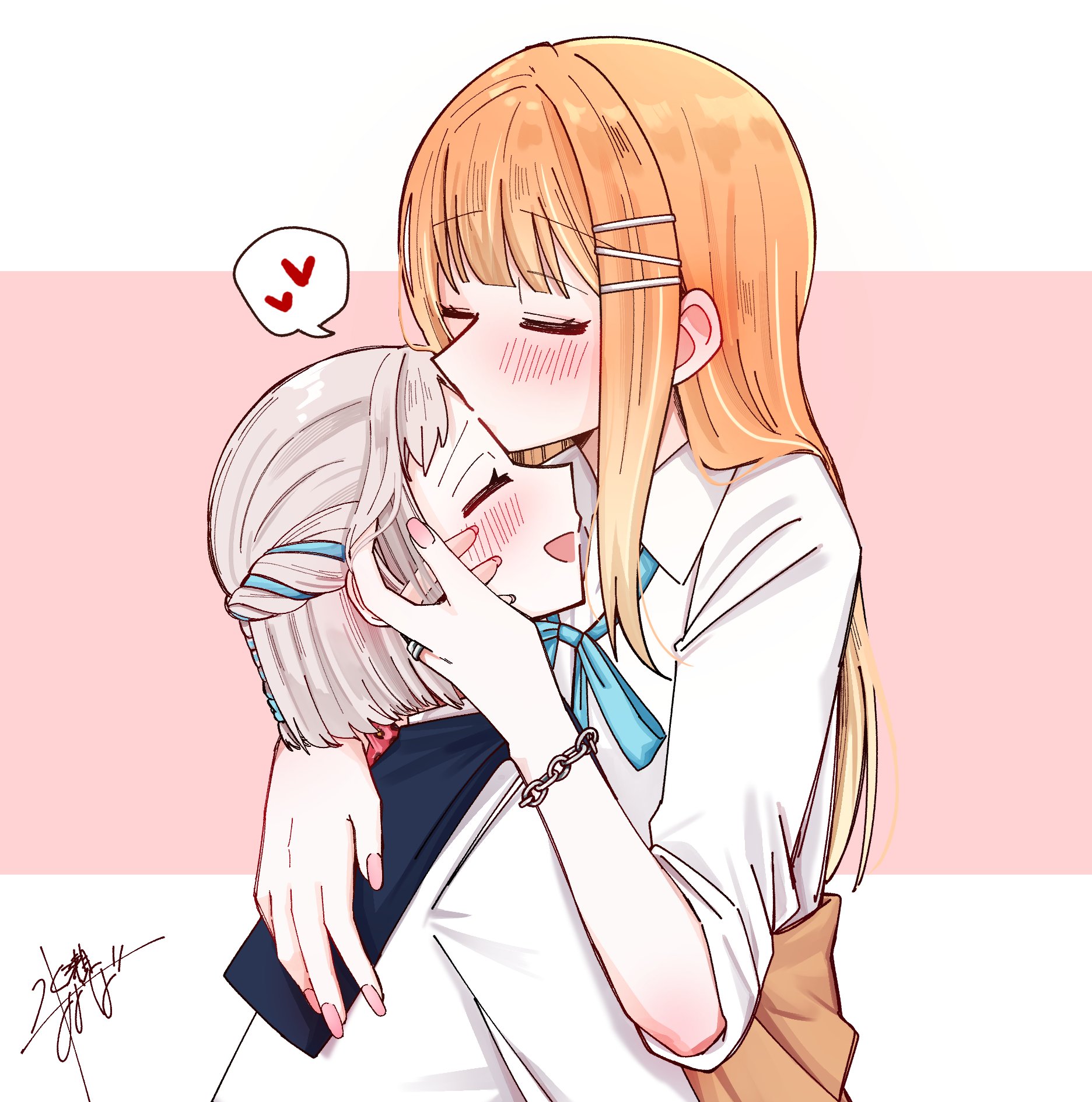 h77kobato, katsuragi lilja, shiun sumika, gakuen idolmaster, idolmaster, commentary request, highres, 2girls, blue ribbon, blush, bracelet, braid, closed eyes, clothes around waist, collared shirt, hair ribbon, half up braid, hand in another's hair, heart, hug, jewelry, long hair, multiple girls, neck ribbon, open mouth, orange hair, pink background, pink nails, ribbon, ribbon braid, shirt, short hair, smile, spoken heart, sweater, sweater around waist, two-tone background, white background, white hair, white shirt, yuri